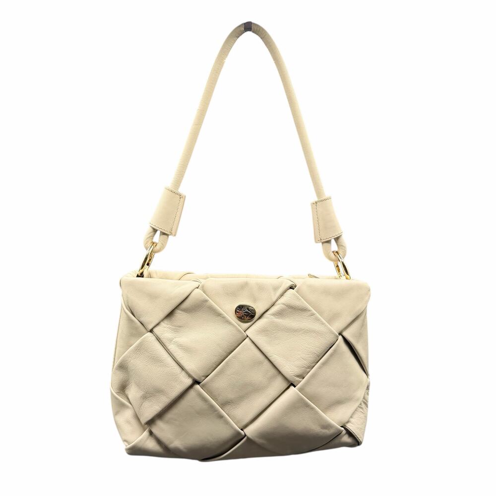 Isadora Woven Leather Shoulder Bag Cream Quilted Zip Top Gold Hardware